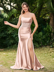 Strapless Sweep/Brush Train Maxi Dress with Slit Pearl Pink