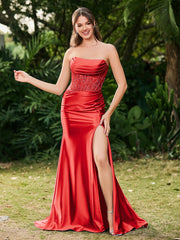 Strapless Sweep/Brush Train Maxi Dress with Slit Red