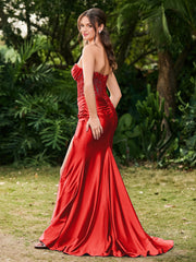 Strapless Sweep/Brush Train Maxi Dress with Slit Red