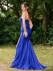 Strapless Sweep/Brush Train Maxi Dress with Slit Royal Blue