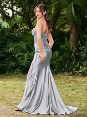 Strapless Sweep/Brush Train Maxi Dress with Slit Silver