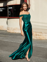 Off shoulder Cap Sleeve Mermaid Pleated Gown Dark Green Plus Size