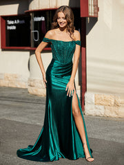 Off shoulder Cap Sleeve Mermaid Pleated Gown Dark Green Plus Size