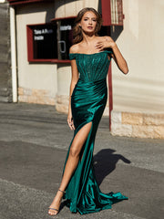 Off shoulder Cap Sleeve Mermaid Pleated Gown Dark Green Plus Size