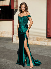 Off shoulder Cap Sleeve Mermaid Pleated Gown Dark Green Plus Size