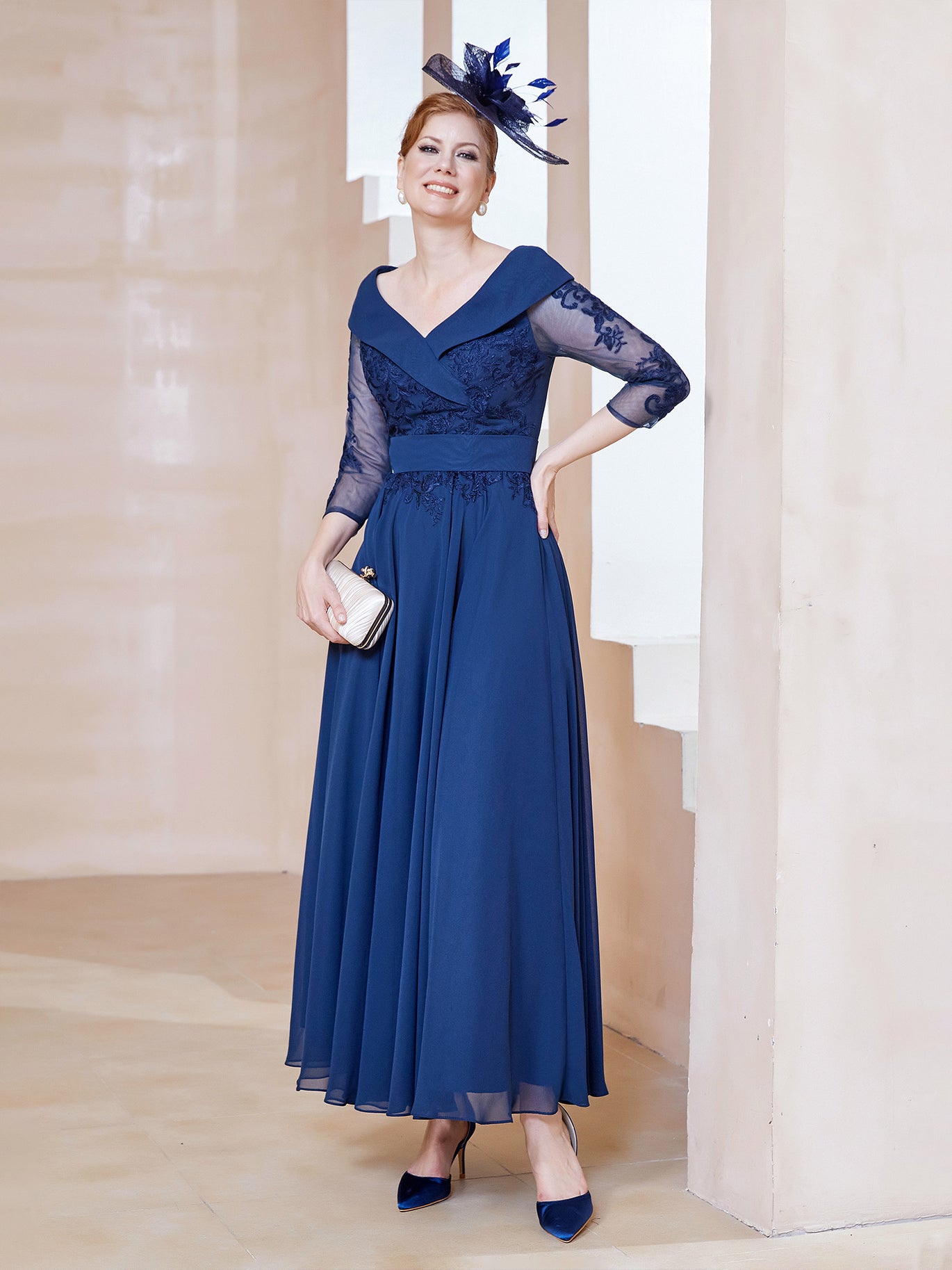 BABARONI Chiffon Lace Navy Blue Mother of the Bride Dresses A-line V-neck Floor-length 3/4 Sleeves BABARONI UK BABARONI Chiffon Lace Navy Blue Mother of the Bride Dresses A-line V-neck Floor-length 3/4 Sleeves BABARONI UK