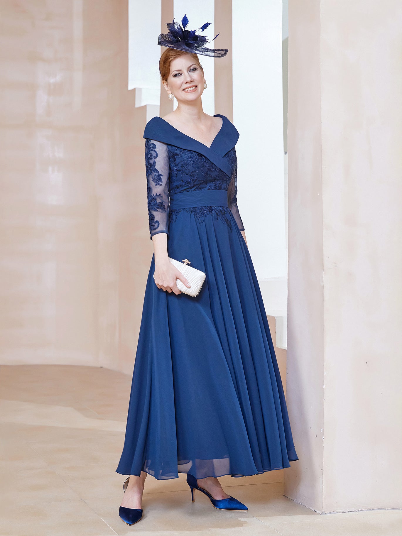V-Neck Floor-Length Chiffon Lace Dress Navy Blue - Navy Blue / UK4 V-Neck Floor-Length Chiffon Lace Dress Navy Blue - Navy Blue / UK4