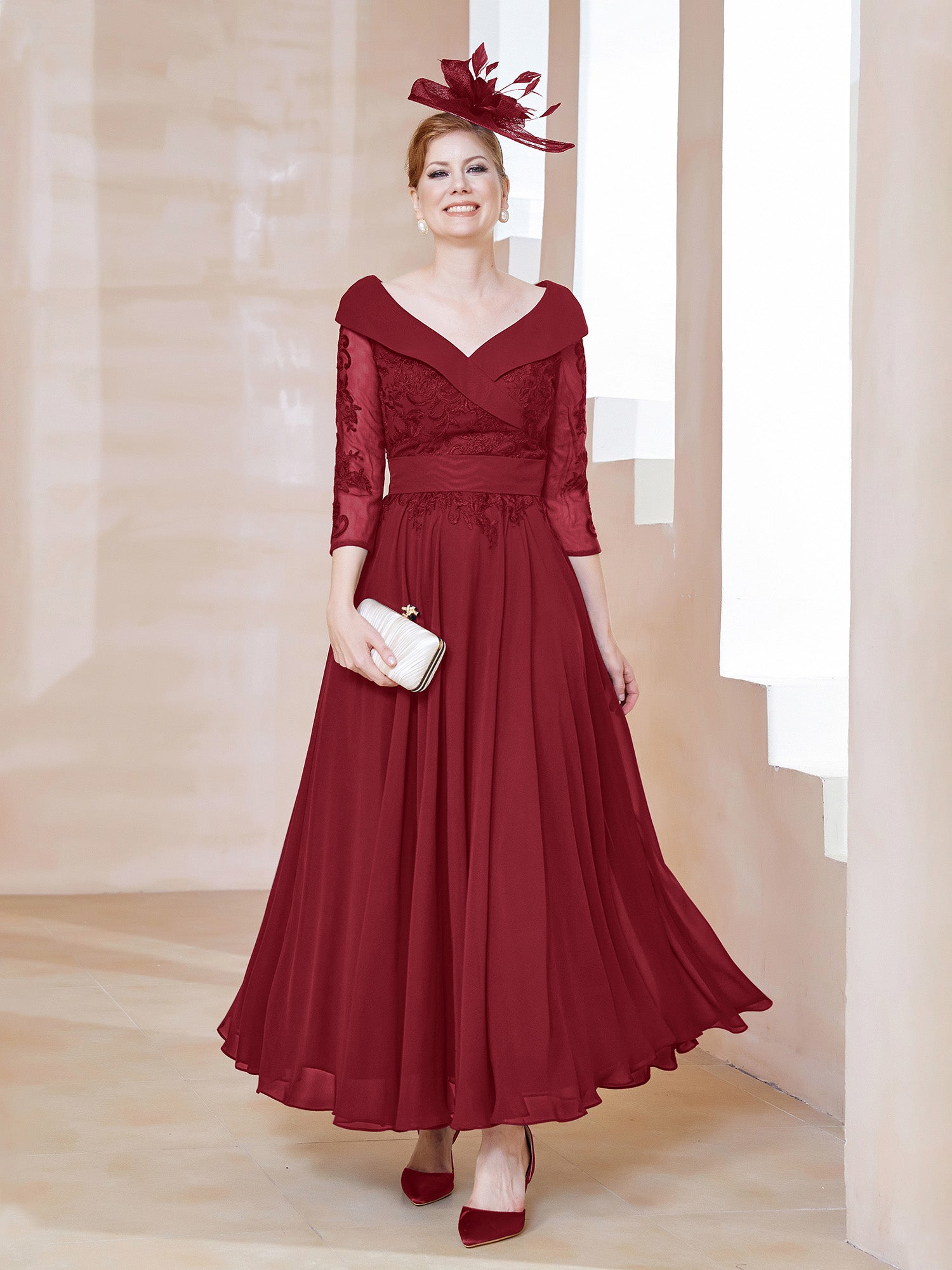 BABARONI Chiffon Lace Burgundy Mother of the Bride Dresses A-line V ...