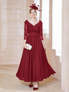 V-Neck Floor-Length Chiffon Lace Dress Burgundy