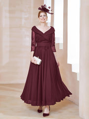 V-Neck Floor-Length Chiffon Lace Dress Cabernet