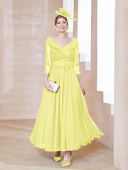 V-Neck Floor-Length Chiffon Lace Dress Daffodil