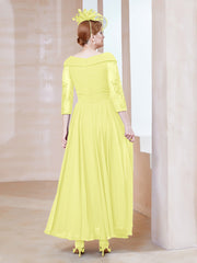 V-Neck Floor-Length Chiffon Lace Dress Daffodil