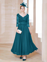 V-Neck Floor-Length Chiffon Lace Dress Ink Blue Plus Size