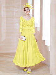 V-Neck Floor-Length Chiffon Lace Dress Lemon