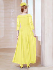 V-Neck Floor-Length Chiffon Lace Dress Lemon