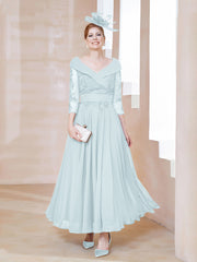 V-Neck Floor-Length Chiffon Lace Dress Mist