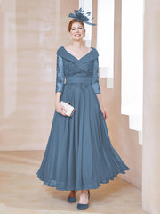 V-Neck Floor-Length Chiffon Lace Dress Slate Blue