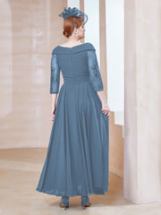 V-Neck Floor-Length Chiffon Lace Dress Slate Blue