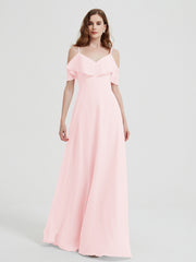V-neck Chiffon Bridesmaid Dress with Ruffles Blushing Pink