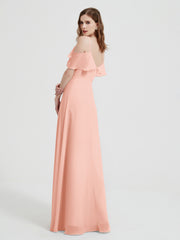 V-neck Chiffon Bridesmaid Dress with Ruffles Coral