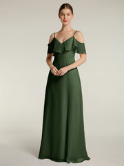 V-neck Chiffon Bridesmaid Dress with Ruffles Olive Green