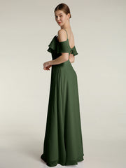 V-neck Chiffon Bridesmaid Dress with Ruffles Olive Green