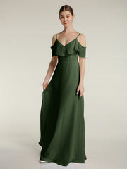 V-neck Chiffon Bridesmaid Dress with Ruffles Olive Green