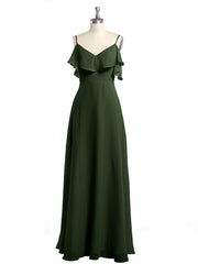 V-neck Chiffon Bridesmaid Dress with Ruffles Olive Green