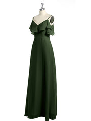 V-neck Chiffon Bridesmaid Dress with Ruffles Olive Green