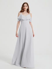 V-neck Chiffon Bridesmaid Dress with Ruffles Silver