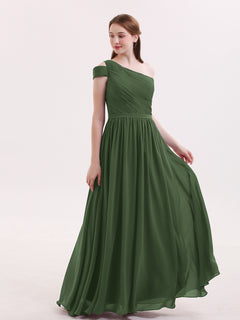 One shoulder Long Chiffon Bridesmaid Gowns Olive Green