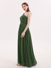 One shoulder Long Chiffon Bridesmaid Gowns Olive Green