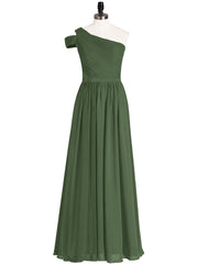 One shoulder Long Chiffon Bridesmaid Gowns Olive Green