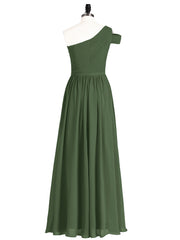One shoulder Long Chiffon Bridesmaid Gowns Olive Green