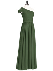 One shoulder Long Chiffon Bridesmaid Gowns Olive Green