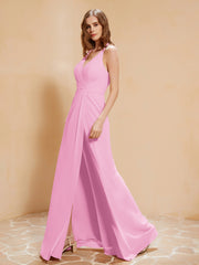 Spaghetti Straps Long Gown with Slit Candy Pink