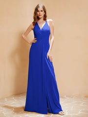 Spaghetti Straps Long Gown with Slit Royal Blue