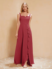 Sleeveless Bridesmaid Gown with Ruffles Burgundy