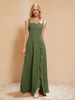 Sleeveless Bridesmaid Gown with Ruffles Olive Green