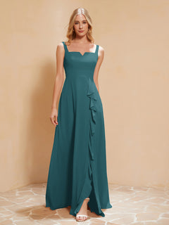 Sleeveless Bridesmaid Gown with Ruffles Peacock