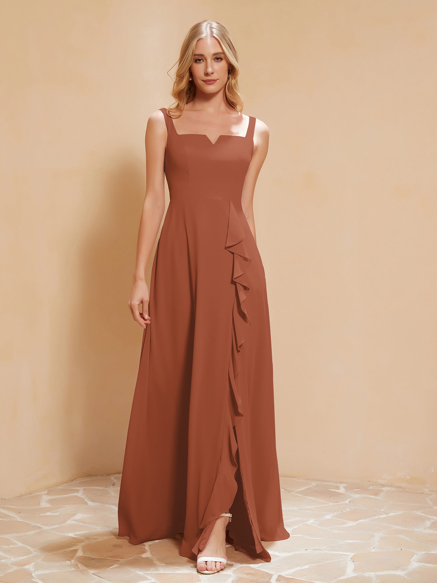 BABARONI Chiffon Rust Bridesmaid Dresses A-line Square Floor-length ...