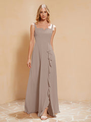 Sleeveless Bridesmaid Gown with Ruffles Taupe