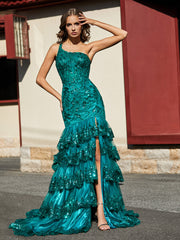 One Shoulder Trumpet Lace Sequin Gown Dark Green Plus Size