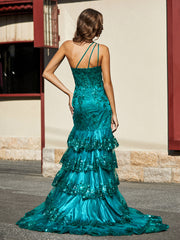 One Shoulder Trumpet Lace Sequin Gown Dark Green Plus Size