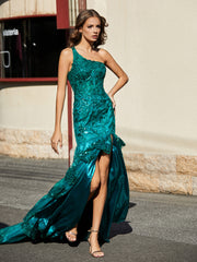One Shoulder Trumpet Lace Sequin Gown Dark Green Plus Size