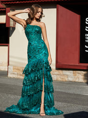 One Shoulder Trumpet Lace Sequin Gown Dark Green Plus Size