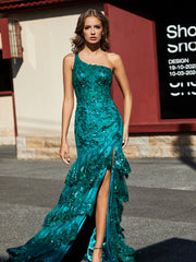 One Shoulder Trumpet Lace Sequin Gown Dark Green Plus Size