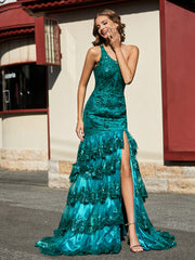 One Shoulder Trumpet Lace Sequin Gown Dark Green Plus Size