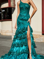 One Shoulder Trumpet Lace Sequin Gown Dark Green Plus Size