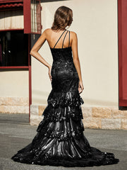 One Shoulder Trumpet Lace Sequin Gown Black